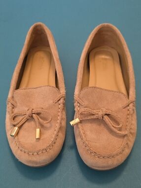 Michael Kors Beige Suede Moccasin Loafers with Gold Accents